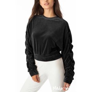 NEW Juicy Couture Women's Ruched Sleeve Velour Velvet Sweatshirt Black Large